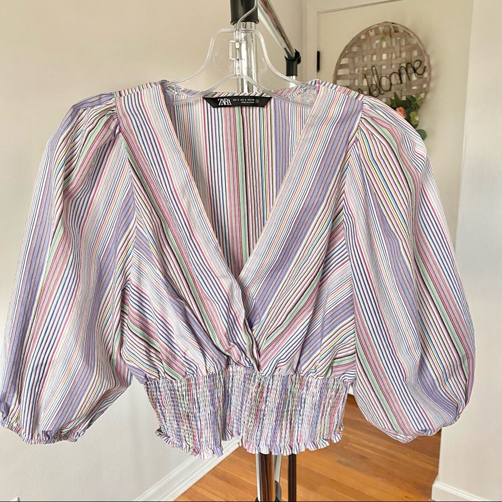 COPY - Zara Striped Cropped Smocked Bubble Sleeve Surplice Blouse